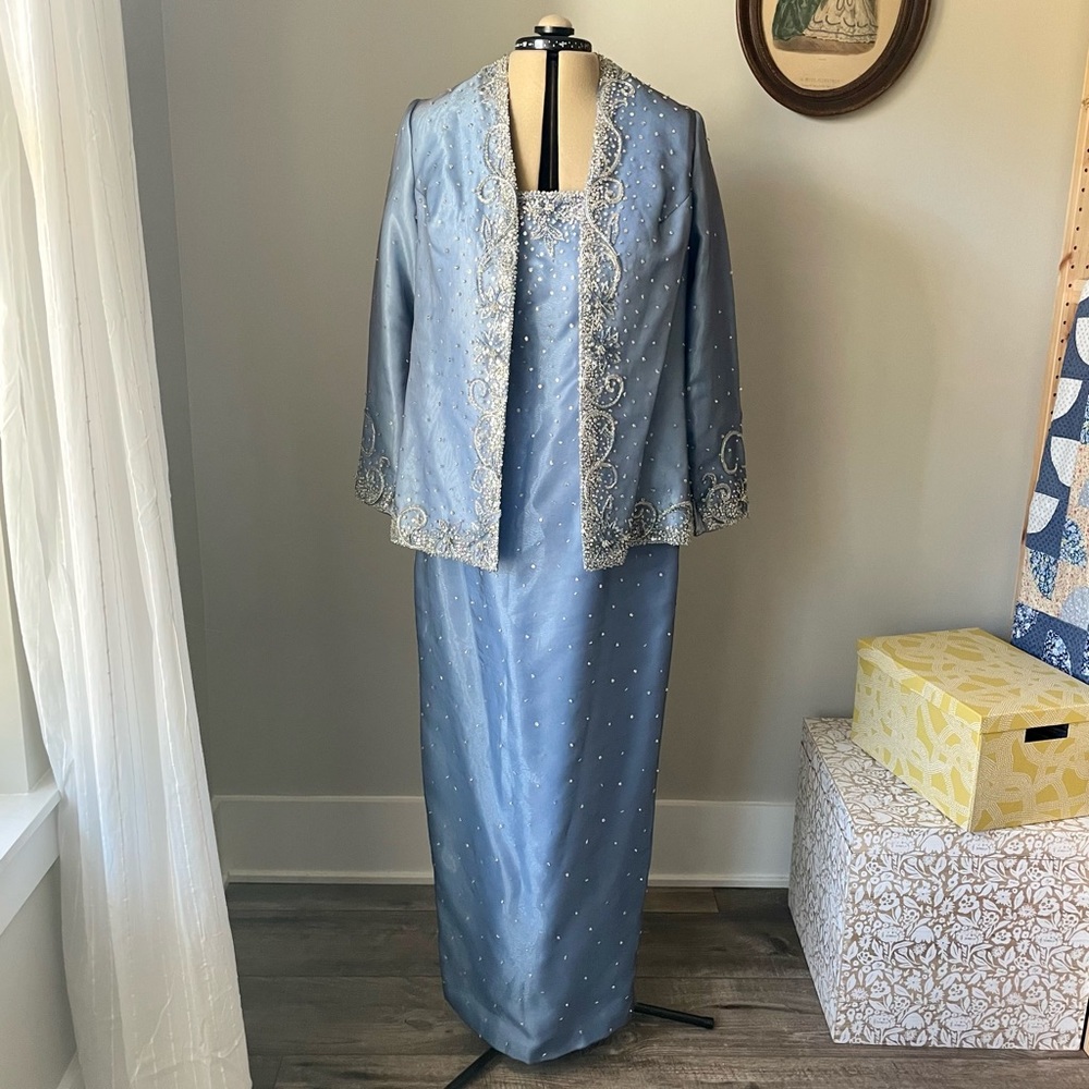 Vintage Y2K Stephen Yearick cornflower blue + silver gown with jacket